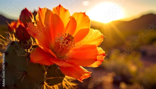 Fototapeta Naklejka Na Ścianę i Meble -  Vibrant orange cactus flower at sunset