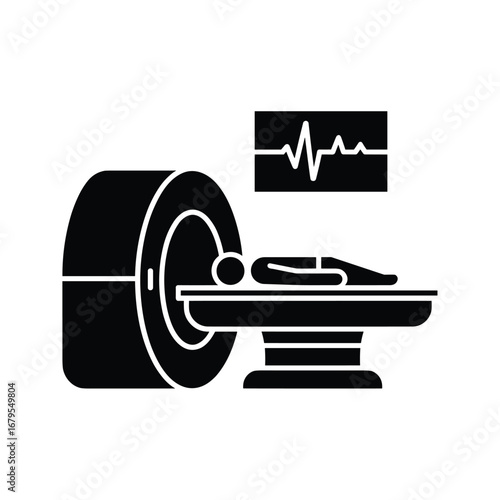 MRI Scan Icon – Patient in Magnetic Imaging Machine with Vital Sign Monitor in Silhouette Style