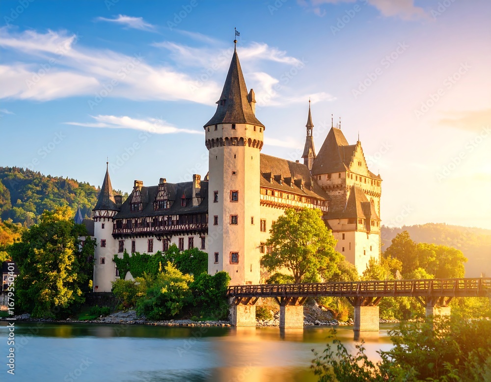 Obraz premium Medieval castle by a lake at sunset