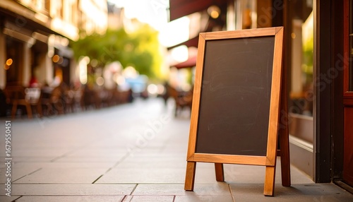 A wooden A frame blackboard stands on a tiled sidewalk outside a restaurant with blurred patrons and trees