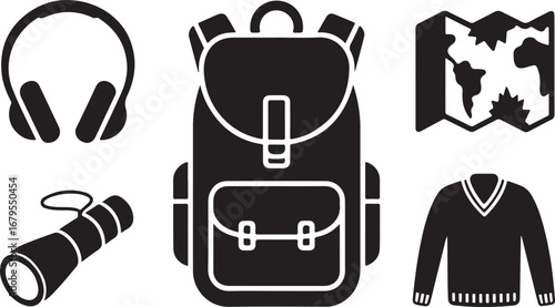 Travel Essentials Vector Set Adventure Gear Headphones Backpack Map Sweater Flashlight
