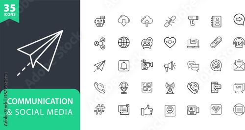 Social Media and Communication Icons Set, Vector Pack, containing like, share, hashtag, community, message, comment, inbox, video call, voice call, Vector illustrator.