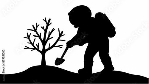 Silhouette of a person with a backpack planting a tree using a shovel on a small hill in black and white