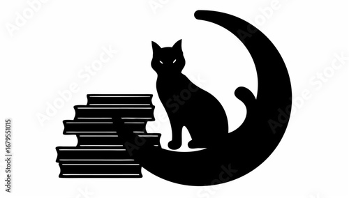 Silhouette of a cat sitting on a crescent moon next to a stack of books in a black and white design