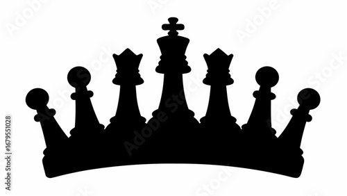 Silhouette of a crown formed by chess pieces including pawns queens and a king on a white background