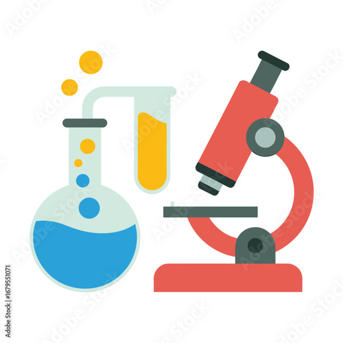 Science Lab Equipment Illustration – Microscope and Glassware in Flat Design