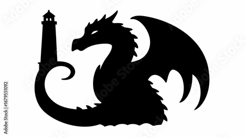 Silhouette of a dragon wrapped around a lighthouse with detailed wings and a curled tail design element