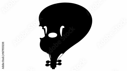 Silhouette of a stringed instrument resembling a cello with a dark background and white space around it
