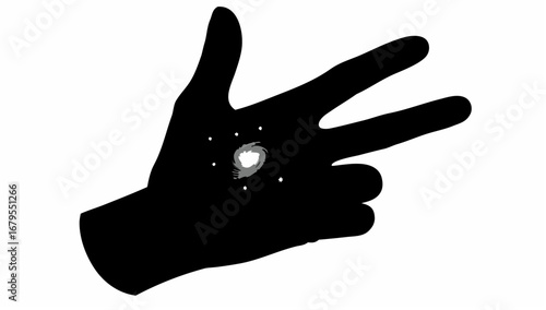 Hand silhouette with three fingers extended and a galaxy or nebula on the palm in black and white art