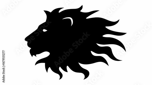 Silhouette of a lion's head with a flowing mane viewed from the side in a striking black and white image