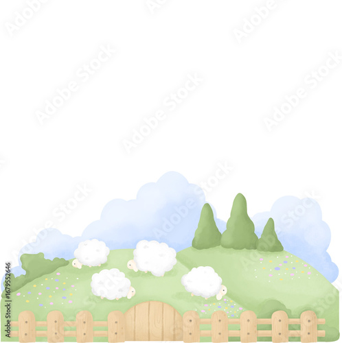 A charming watercolor illustration of a group of sheep on a sunny green farm, surrounded by fluffy clouds and a wooden fence.

