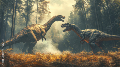 Dramatic battle between two fierce dinosaurs in prehistoric landscape, showcasing power, aggression, and survival in the ancient world