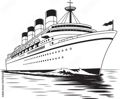 Black and white illustration of a large passenger ship sailing on water