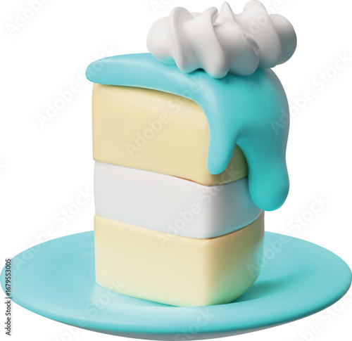 Birthday cake piece on a plate 3D cartoon plastic style, vector celebration pie chocolate creamy dessert, confectionery