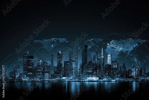 City skyline at night, global network overlay