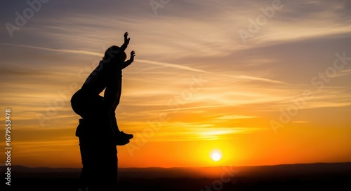 Silhouette of father carrying child on shoulders at sunset, happy family bonding during golden hour, parent and kid outdoor adventure