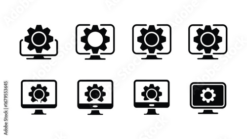 Vector art of collection of computer monitor icons with gear symbol, representing settings and configuration