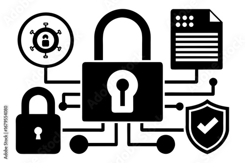 Simple Digital Security Lock Icons Black Silhouette Vector on White Background