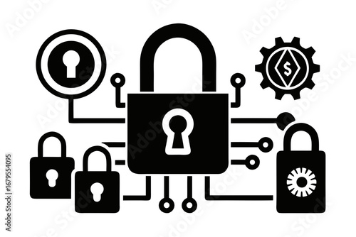 Simple Digital Security Lock Icons Black Silhouette Vector on White Background