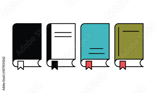 A Modern Collection of Book Icons: Featuring Different Colors, Styles, and Bookmarks to Represent Diverse Literary Genres