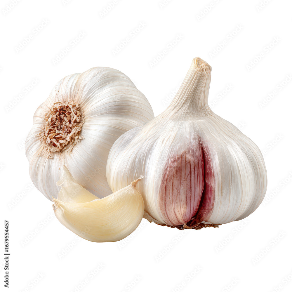 Obraz premium whole garlic bulb, characterized by its layered skin, isolated on transparent background