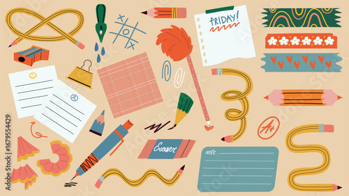 Set of stationery elements including pencils, pens, notes, eraser, clips, and colorful tape. Perfect for students, teachers, planners