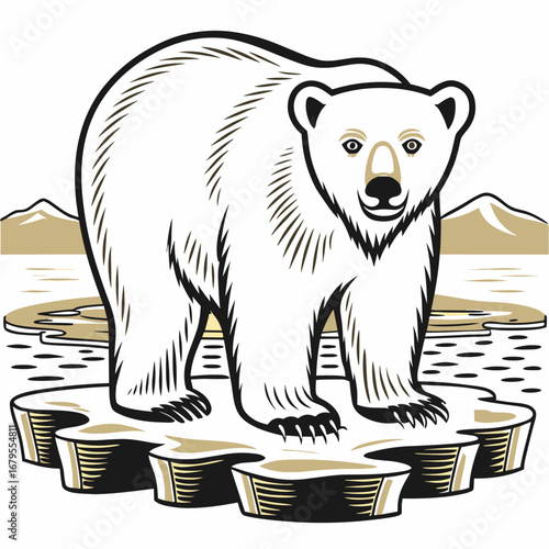 Polar bear standing on ice floe in Arctic landscape representing Winter  