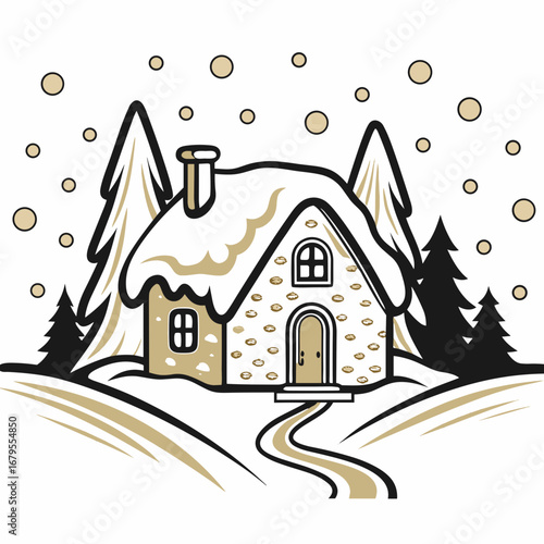 Snow-covered cottage with trees and falling snow in winter  