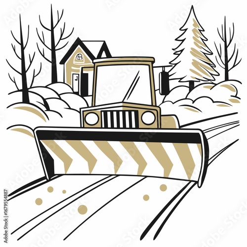 Snowplow clearing snowy road with house and trees in winter landscape  