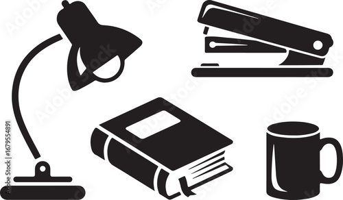 Office Desk Essentials Still Life Black Silhouette Vector Illustration on Isolated BG