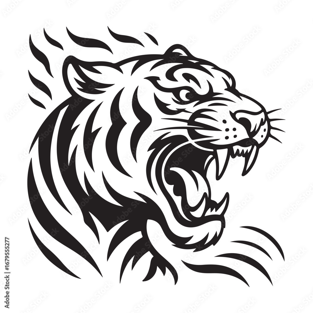 Obraz premium Black and white tiger head roaring tribal design aggressive