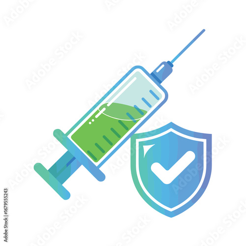 Vaccination Icon – Syringe, Medicine Vial, and Safety Checkmark in Flat Medical Design