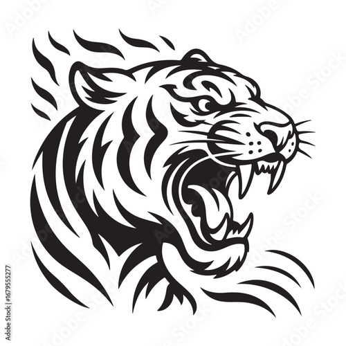 Black and white tiger head roaring tribal design aggressive