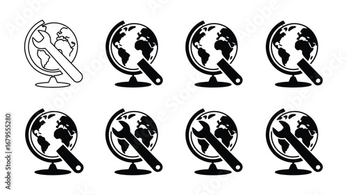 Vector art of global earth planet with wrench tool for repair and maintenance, representing international service and support