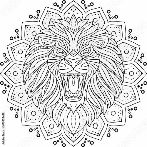 Intricate black and white line art of a roaring lion head in a zentangle mandala.