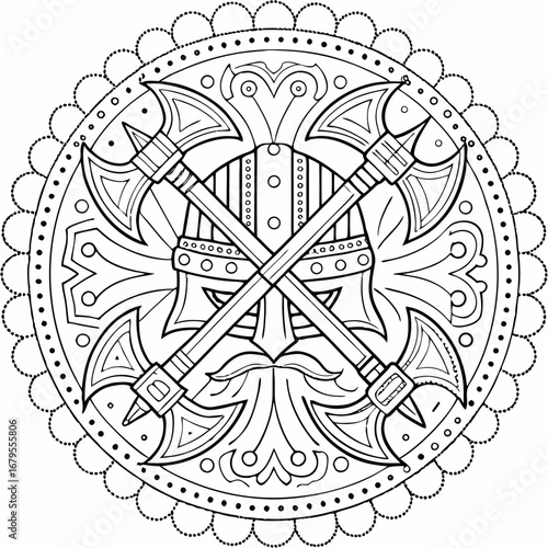 Ornamental Viking warrior emblem with a helmet and two crossed double-headed battle axes.