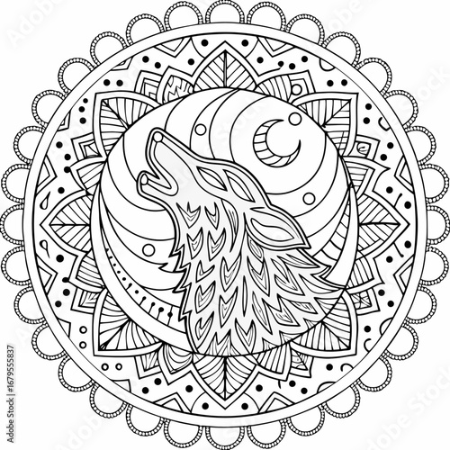 A black and white line art illustration of a howling wolf head inside an intricate decorative mandala with a crescent moon.