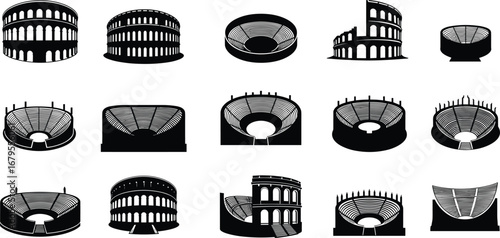 Ancient colosseum and amphitheater icons, Roman stadium architecture silhouettes, historical arena structures for heritage, tourism, architecture, and educational design use.