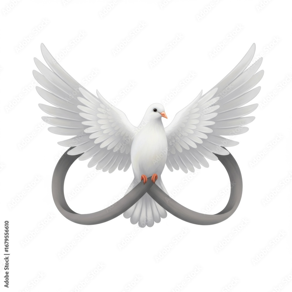 Obraz premium Isolated White Dove with Spread Wings and Gray Infinity Symbol on White Background