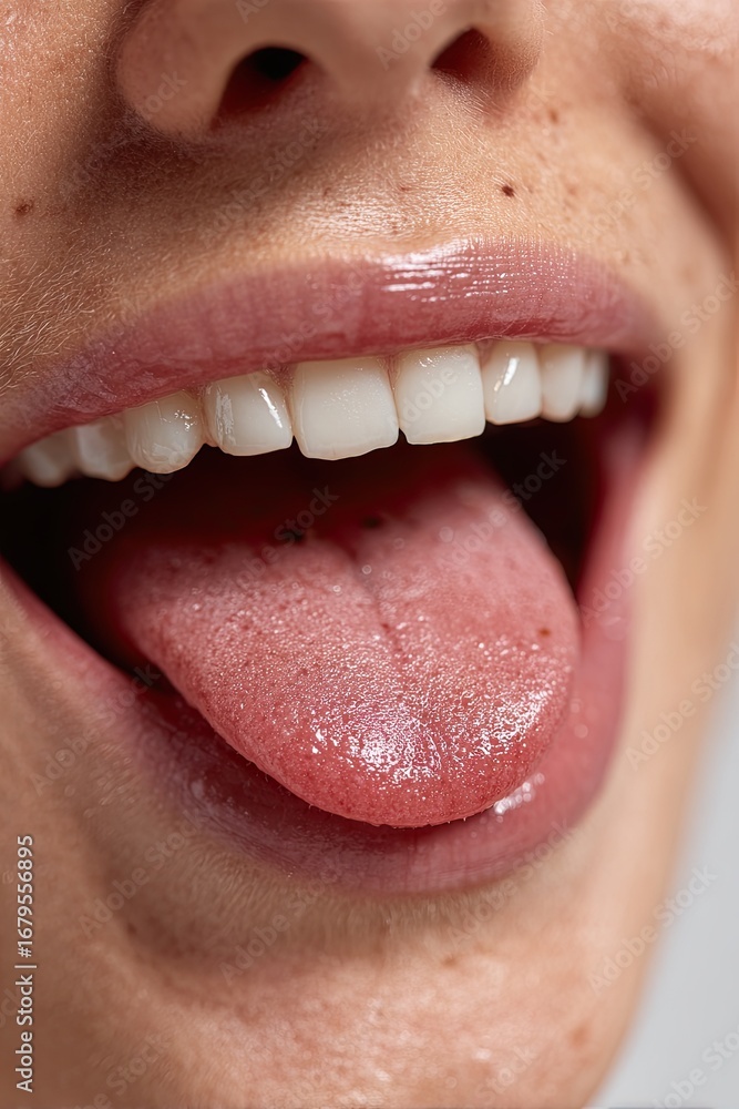 Obraz premium A close-up of a happy woman licking her lips, showing off her healthy teeth and expressing joy and satisfaction