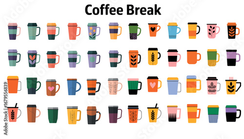 Coffee break collection with colorful takeaway mugs and cup designs in flat style
