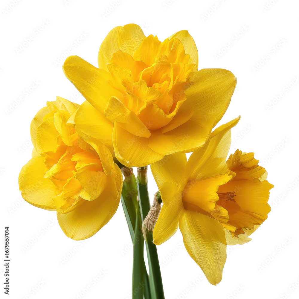 Obraz premium Three vibrant yellow daffodils in a clear vase against, isolated on transparent background