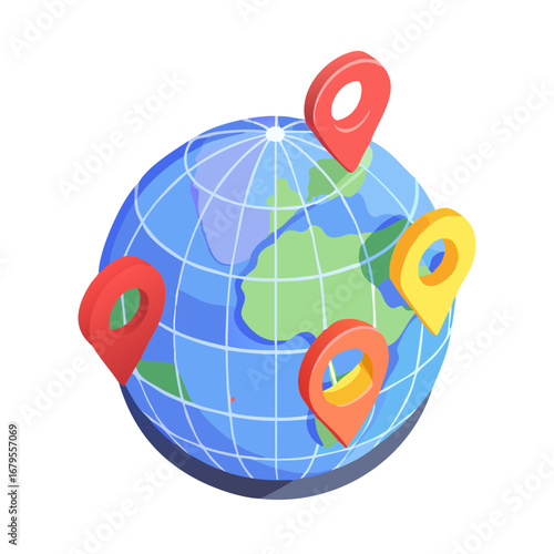 Global network of location pins on a stylized isometric earth globe representing travel and connectivity