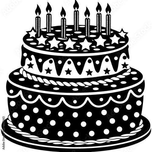 Black and white illustration of a festive two tiered birthday cake adorned with candles and decorative elements