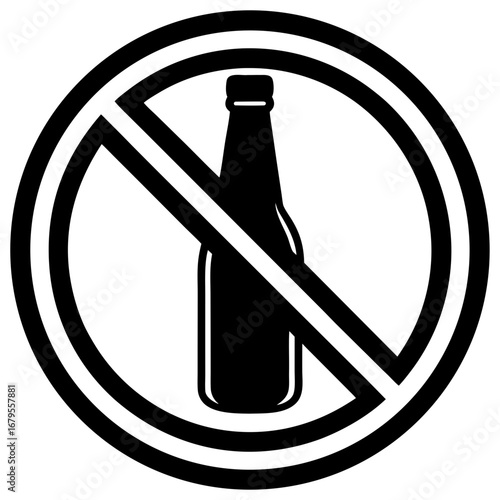 Black and white prohibition sign with a bottle silhouette indicating no alcohol allowed