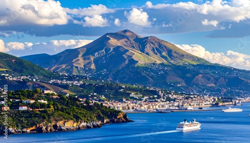Picturesque coastal scenery reveals a city nestled amidst rolling hills and mountains, with cruise ships navigating the placid waters.