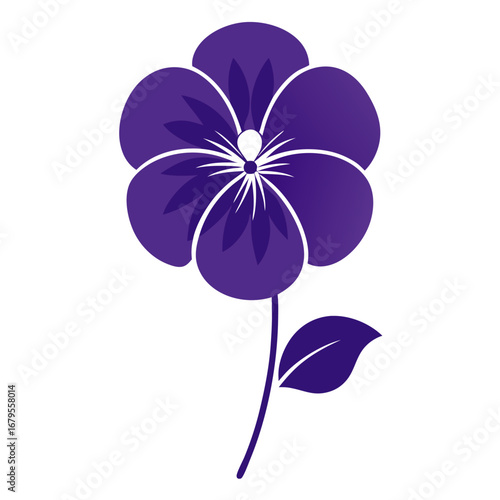 Stylized purple pansy flower with a single leaf on a white background