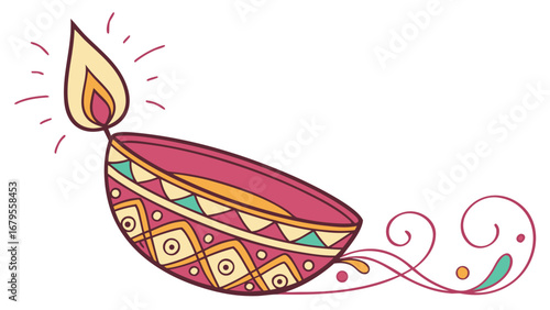 Illustration of a traditional diwali lamp with flame and decorative swirls on a white background
