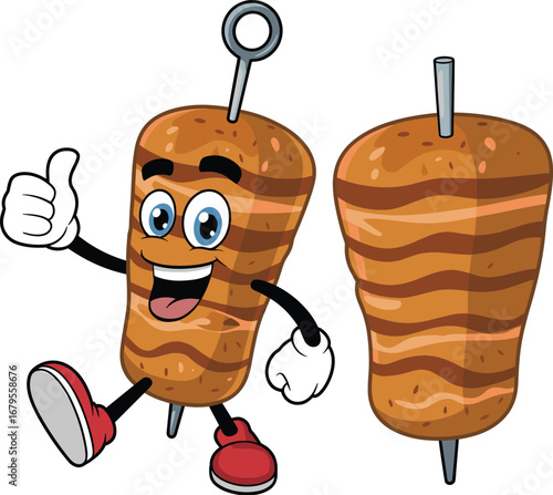 Cartoon meat skewer, shawarma mascot, anthropomorphic food, cheerful character, grilled texture, thumbs-up pose, expressive face, fast food icon, restaurant branding, savory snack