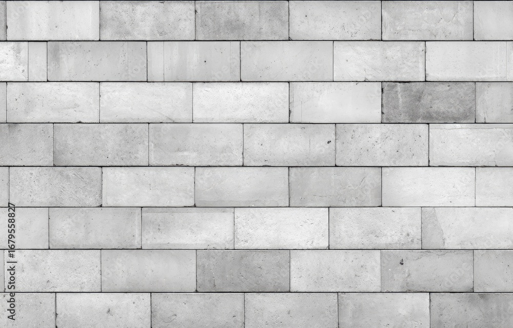 Fototapeta premium Monochromatic, light gray rectangular brickwork wall. Even rows of uniform blocks create a simple, textured surface